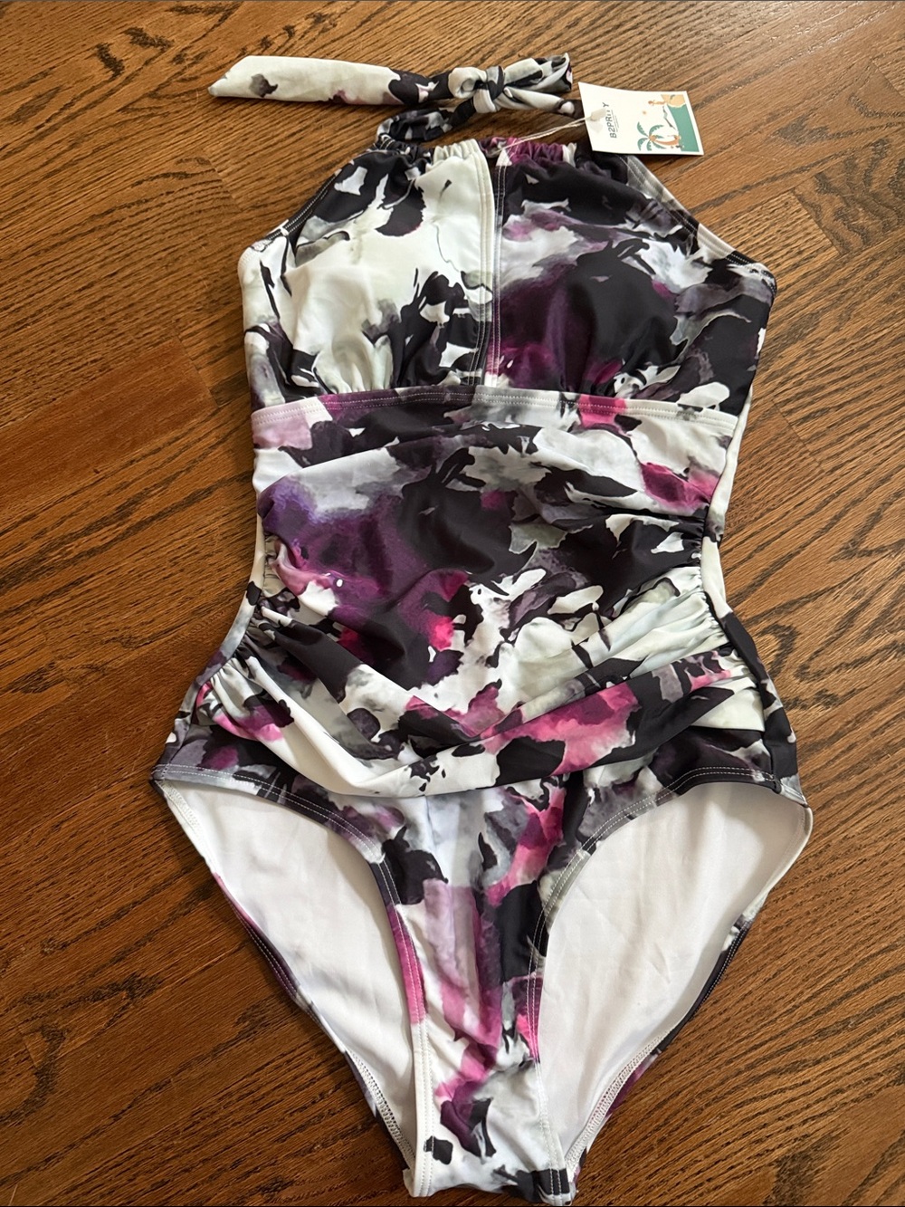 Ladies Floral Purple black halter top slimming One-Piece Swimsuit sz small nwt